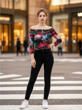 Impulse California Women’s  Off Shoulder New York City Print Top Size Small USA